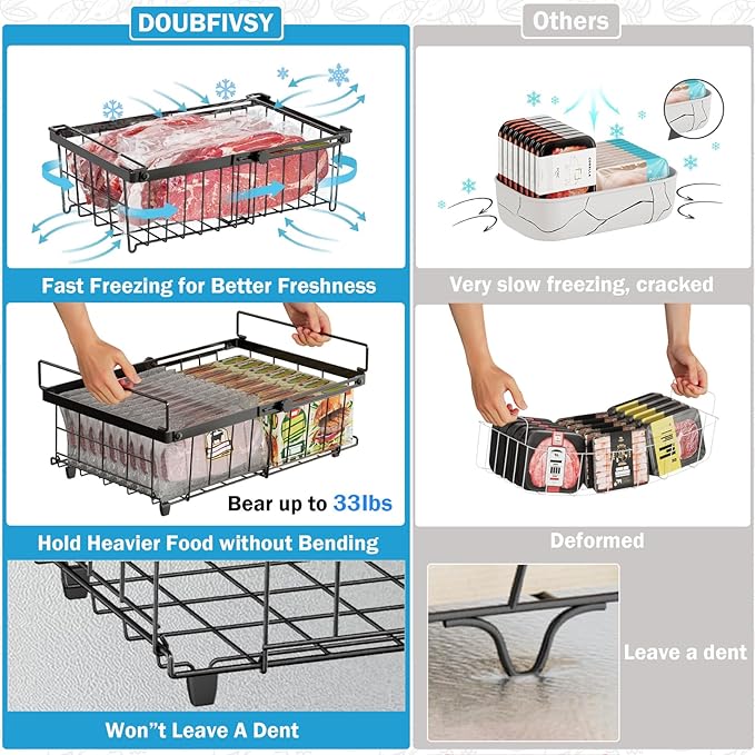 DOUBFIVSY Freezer Organizer Bins, 2 Pack Expandable Stackable Chest Deep Freezer Organizer Bins, Foldable Freezer Baskets with Handles, Freezer Storage Bins for 5 - 20 Cu.Ft Deep Freezer, Black