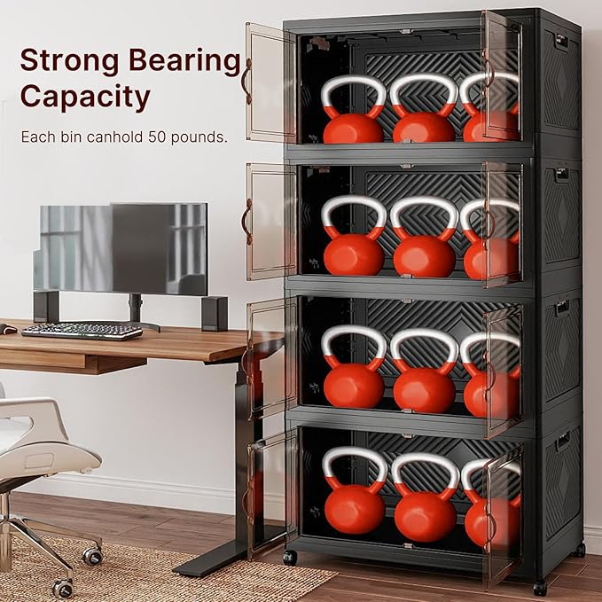 VNVTO 1280Qt Stackable Storage Bins with Lids, 8 Pack Large Collapsible Bins with Wheels, Plastic Cabinet with Doors, Foldable Closet Organizers and Storage for Home, Dorm, Office, Black