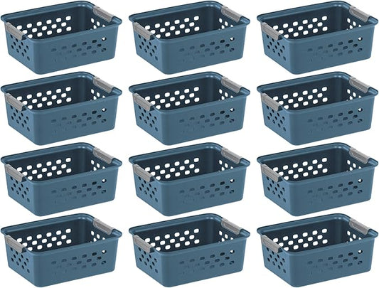 IRIS USA Plastic Storage Basket, 12-Pack, Small, Shelf Basket Storage Organizer for Pantry, Cabinet, Bedroom, Closet, Laundry Room, Eco-Friendly, Navy