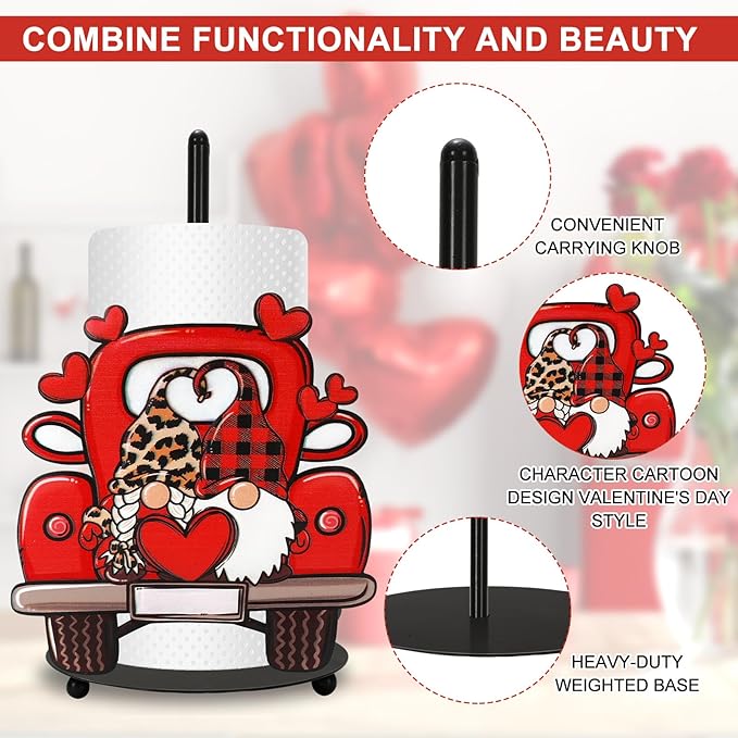 JarThenaAMCS Valentine's Day Paper Towel Holder Gnome Truck Kitchen Decor Accessories Large Metal Towel Holder Stand for Home Bathroom Countertop