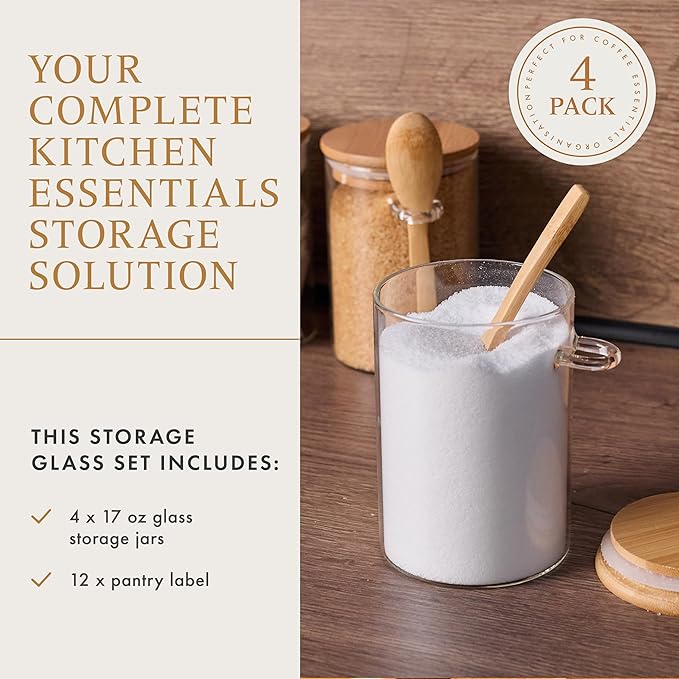 Set of 4 Glass Pantry Storage Containers with lids (17oz) – Glass Sugar Container with Spoon perfect for -Tea, Coffee, Sugar, Spices & More – Stylish Kitchen Food Storage Containers