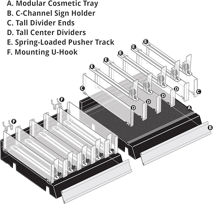 Azar Displays 225830-TALL-BLK Adjustable Tall Divider Bin Cosmetic Tray with Pushers - Customize Slot Size to Product, Black 2-Pack