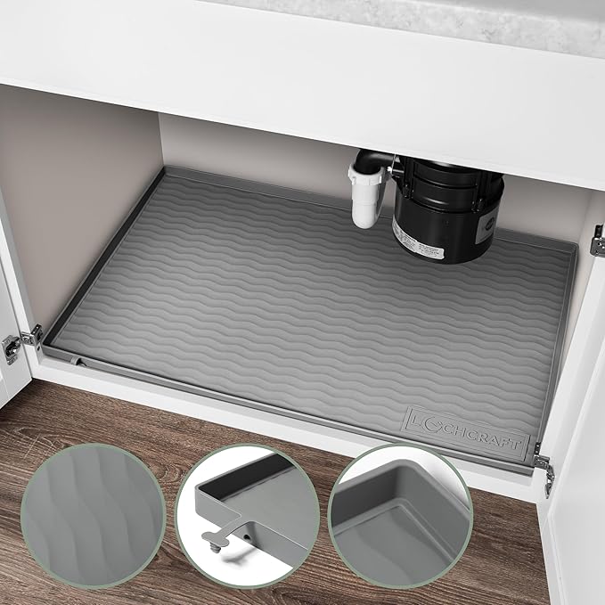 LochCraft - Heavy Duty Under Sink Mat - Thicker Design, Patented Drain, BPA Free - Under Sink Mats for Kitchen Waterproof - Ideal Under the Sink Mat Waterproof Solution - 34 x 22 Inches - (Grey)