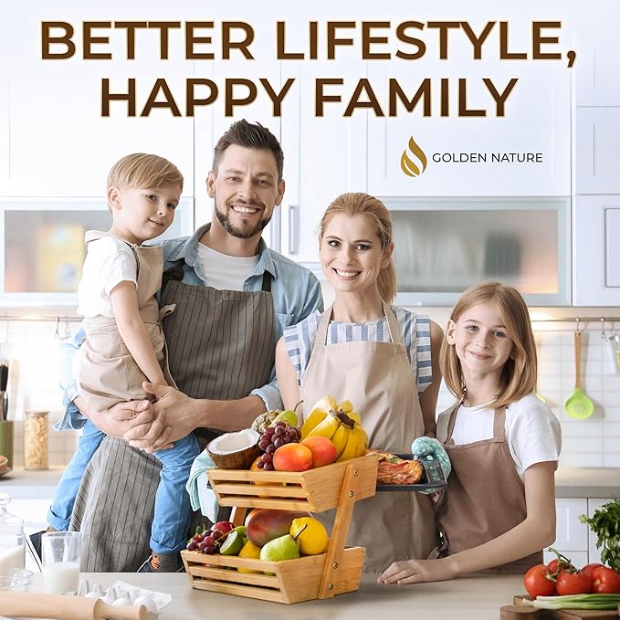Fruit Basket - 2-Tier Bamboo Fruit & Vegetable Storage Organizer for Kitchen Counter - Gift Box Included - Lightweight & Easy Assembly - Countertop Stand Holder Bowl