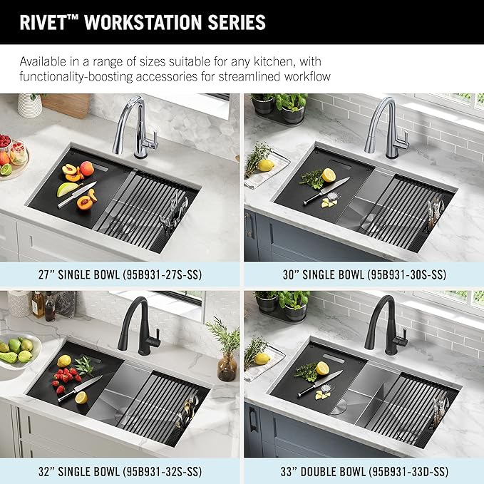 DELTA FAUCET Rivet 33-Inch Workstation Kitchen Sink Undermount 16 Gauge Stainless Steel 50/50 Double Bowl with WorkFlow Ledge and Chef’s Kit of 9 Accessories, 95B931-33D-SS