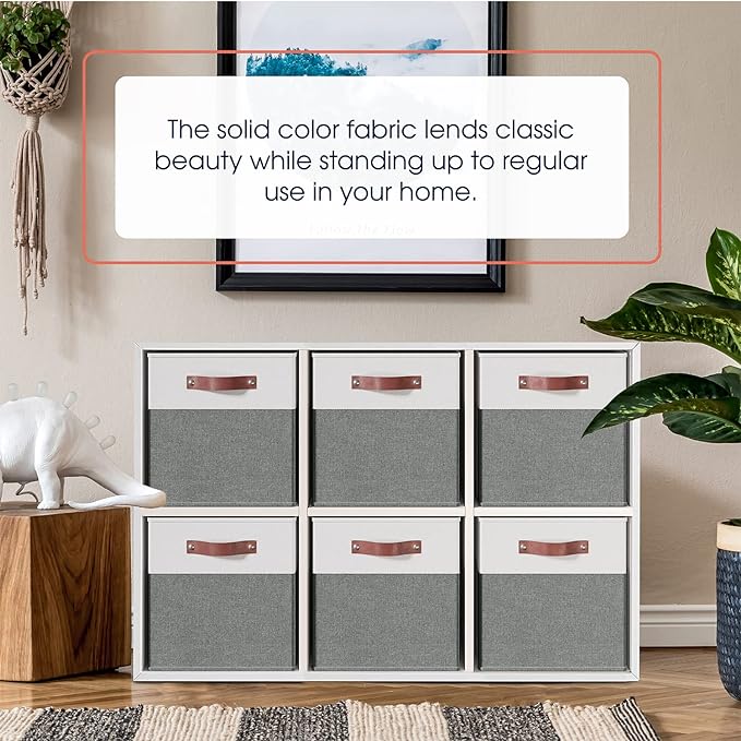 Ornavo Home 13 x 13 Storage Cube Bins, Foldable Collapsible Fabric Storage Bins Box Linen Shelf Basket Cube Organizer for Closet with Leather Handles, 6 Pack, White/Gray