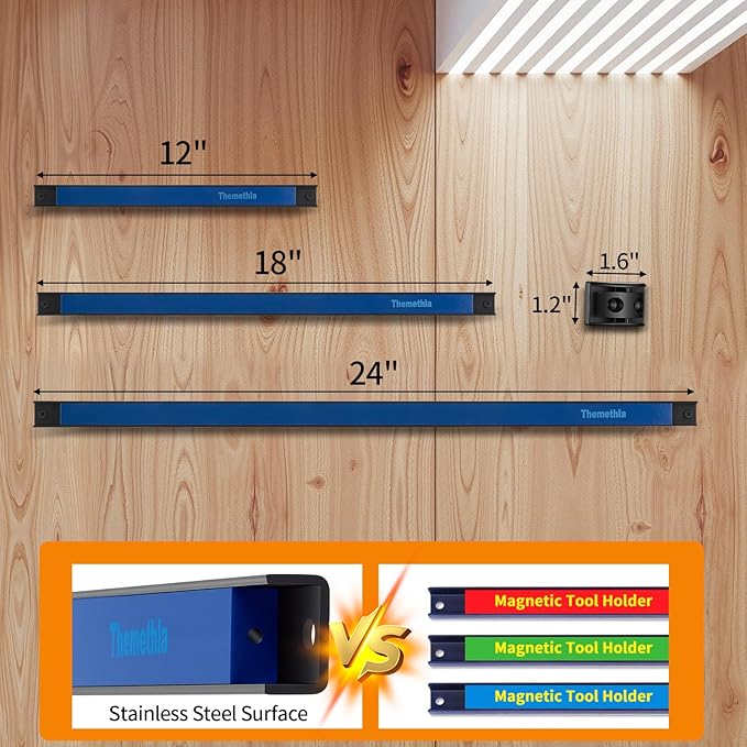18" Magnetic Tool Holder Strip, 4 Pieces Blue Metal Tool Organizer Rack with Stainless Steel Surface, Magnet Bar for Garage Workshop, Easy To Install with Mounting Screws