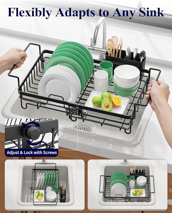 Kitsure Dish Drying Rack – Expandable in-Sink or Over-Sink Dish Rack for Kitchen Counter, Rust-Resistant Metal Dish Strainer with Cutlery Holder, 16.0"-20.7" L x 11.4" W x 5.7" H, Black