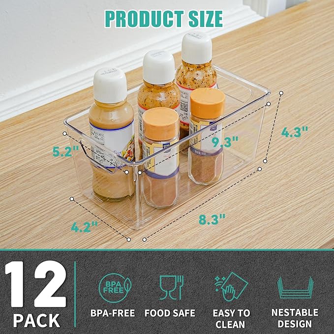 12 Pack Clear Plastic Storage Bins, Multi-Use Pantry Organizer and Storage Containers, Fridge Organizer Bins with Handles for Kitchen, Cabinet, Snack and Refrigerator Organization