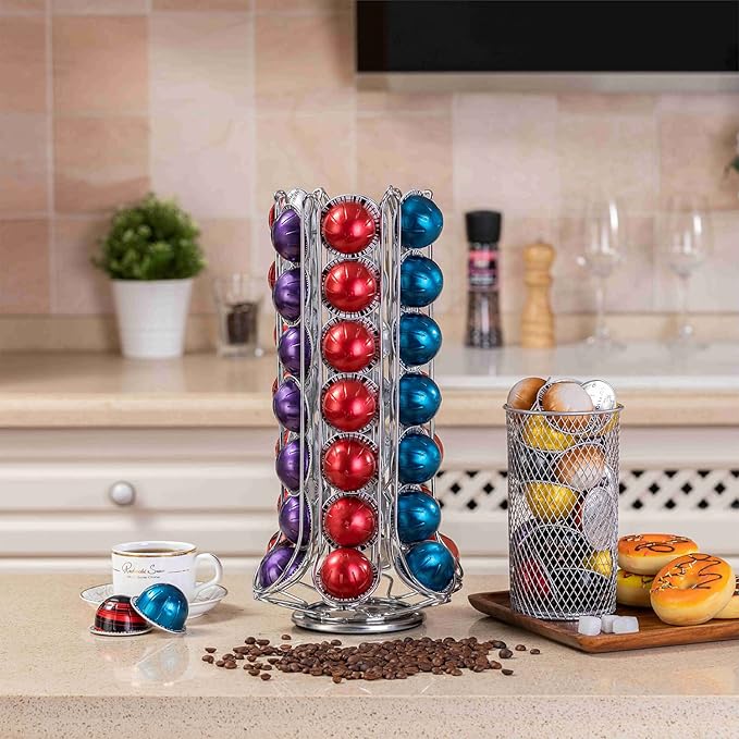 ZCDCP Nespresso Pod Holder, Vertuo Pod Holder Carousel Stand Storage with 360 Degree, Chrome Coffee Pod Holder Organizer for Nespresso Vertuo, 60 Pods