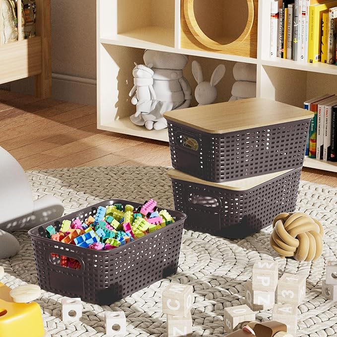 Plastic Storage Bins with Bamboo Lid - Pantry Storage Baskets with Lid - Stackable Container with Lable for Organizing: Small Storage Box for Shelves Office Cabinet Drawer Closet 9x7x4 In - White 6Pcs