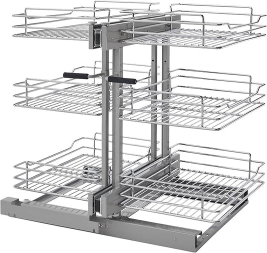 Rev-A-Shelf 3 Tier Pullout Shelf Organizer for Blind Corner Kitchen/Bathroom Cabinets with Soft-Close, 45" Adjustable Shelves, Chrome, 5PSP3-15SC-CR
