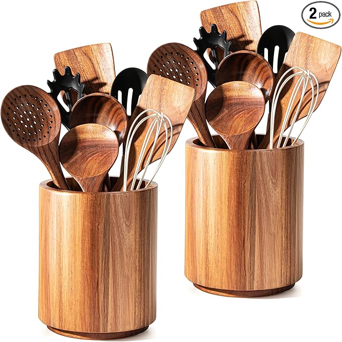 Criusia Utensil Holder 2 Pack, 360° Rotating Acacia Wood Cooking Utensil Crocks for Kitchen Counter, Farmhouse & Modern Decor, (2 Large)