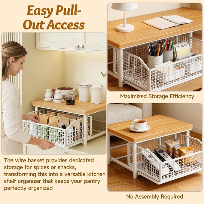 Kitchen Countertop Organizer with Drawer and Wire Basket, 2-Tier Hardwood Shelf for Microwave, Coffee Maker—Sliding Drawer for Fruit Storage, Space-Saving Kitchen Pantry Organizer with Counter Shelf