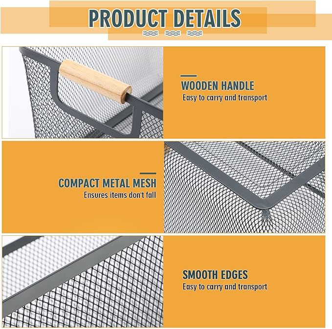 4 Pcs Metal Wire Basket with Wooden Handles Mesh Steel Storage Organizer Bin Containers for Home Organizing Cabinet Pantry Closet Kitchen Fridge Fruit Makeup Snacks Gifts(Large,Dark Gray)