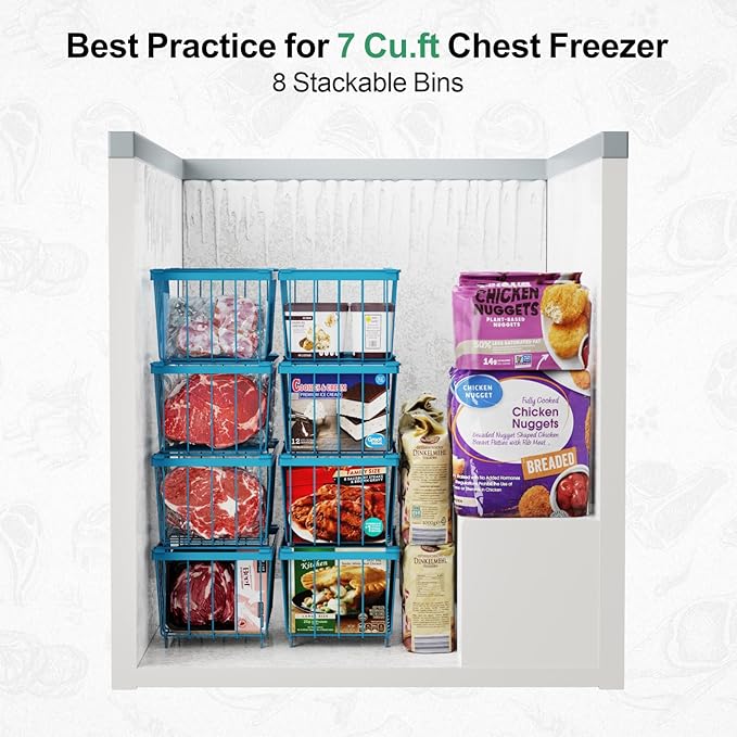 iSPECLE Deep Freezer Organizer Bins, 6 Pack Stackable Wire Baskets for 7 Cu.Ft Chest Freezers, Metal Food Storage Handles for Meat and Vegetables, Metal Handles for Sorting Frozen Food, Blue