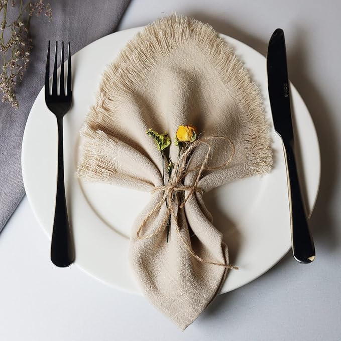 Handmade Cloth Napkins with Fringe,18 x 18 Inches Cotton Linen Napkins Set of 6 Versatile Handmade Square Rustic Fringe Napkins for Dinner, Wedding and Parties, Beige