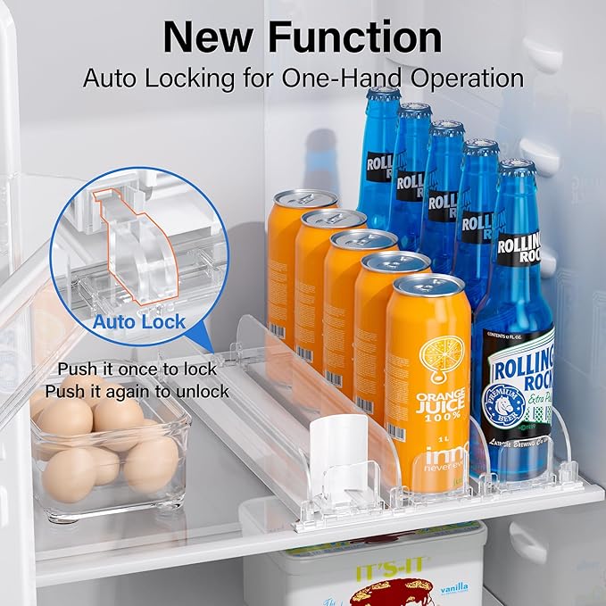 LAMU Drink Organizer for Fridge, Soda Can Organizer Dispenser for Refrigerator with Automatic Pusher Glide, Width Adjustable Clear Dividers, Can Holder for 6-20oz Beverage, 15''D x10''W, 3 Rows