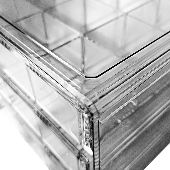 Acrylic Earrings Jewelry Organizer with 3 Drawers 72 grids, Stackable Necklace Rings Display Storage Case Box Holder, Clear Grey