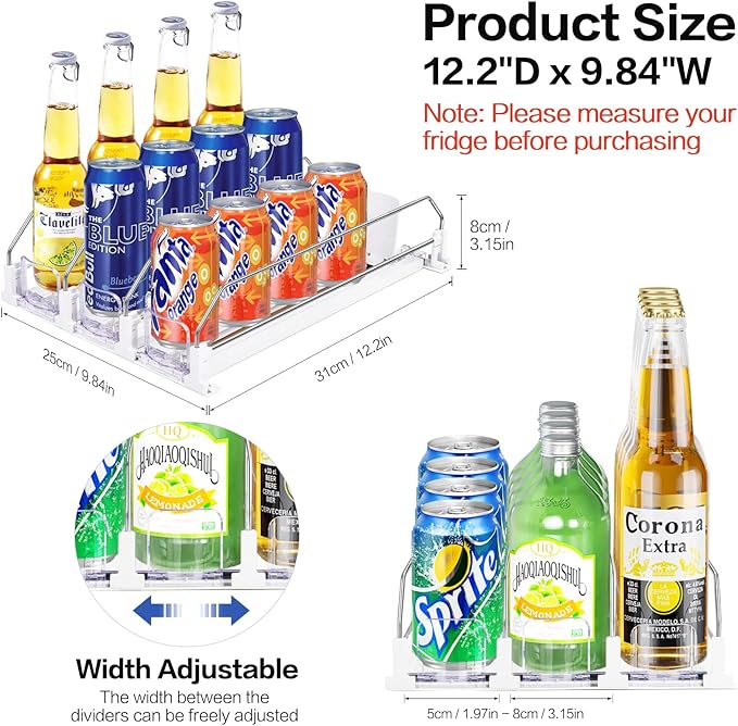 Drink Organizer for Mini Fridge, Automatic Pusher Soda Can Organizer for Fridge, Drink Dispenser for Can Beer Holds up to 12 Cans 3Row (Depth12.2 xWide9.9)