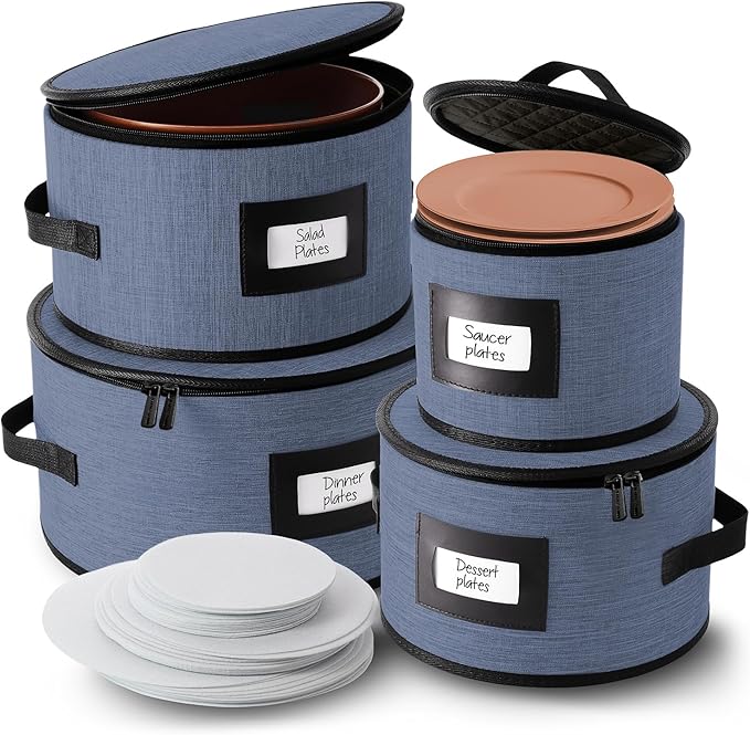 Fine China Storage Containers Hard Shell, 4 Piece Dish Storage Containers, Quilted Plate Containers, Stackable Dish Organizer with Dividers, Dinnerware Storage for Moving and Seasonal Storage, Blue