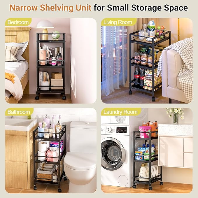 Expandable Slim Storage Cart for Small Space, 3-Tier Metal Rolling Kitchen Cart, Adjustable Narrow Laundry Cart, Small Shelving Unit with Wheels, Ideal for Kitchen Bathroom Laundry Room Living Room