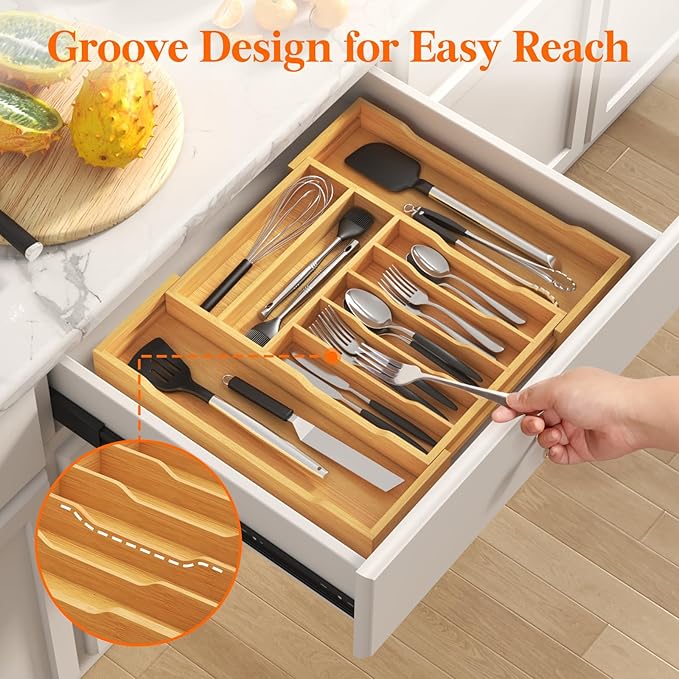 Lifewit Silverware Drawer Organizer, Expandable Utensil Tray for Kitchen, Bamboo Flatware and Cutlery Holder, Wood Adjustable Storage for Spoons Forks Knives, 31- 53 x 43cm, Natural