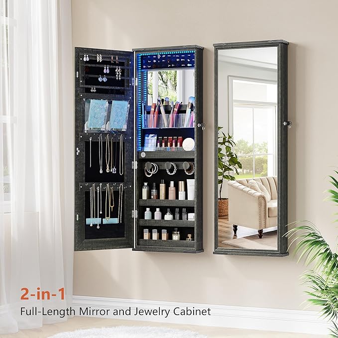 43.5" Over the Door Jewelry Organizer, Mirror with Storage and Lockable, Full Length Mirror Cabinet with Hanging Holder & Built-in Lights Makeup Mirror, Women/Girls (Wood Grain Brown)