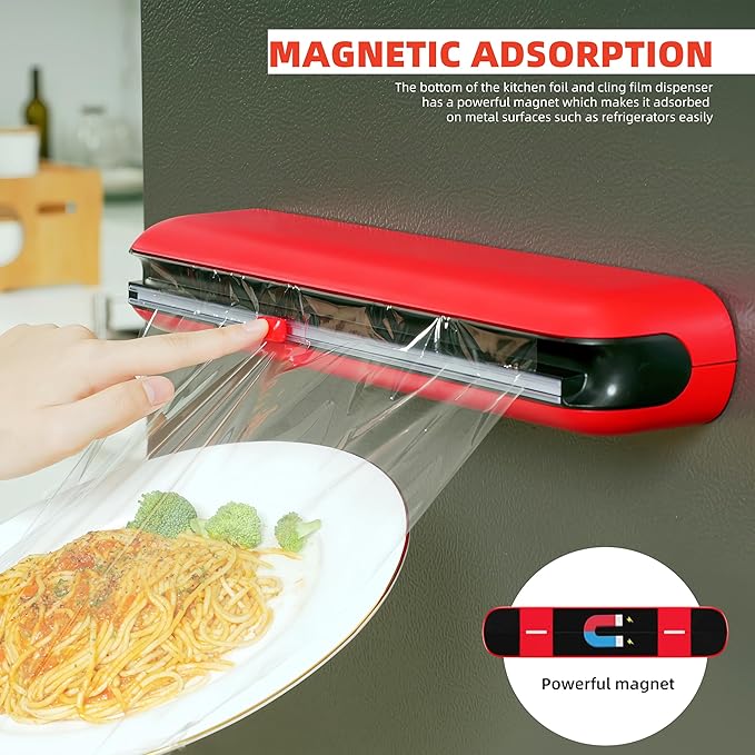 Aluminum Foil & Plastic Wrap Dispenser with Cutter - Easy One-Hand Operation, Space-Saving Kitchen Organizer for Worktops & Cabinets, Magnetic Cling Film Dispenser - Fits 12" Rolls, Red
