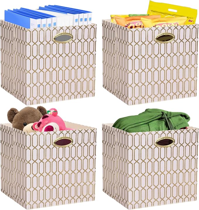 Posprica Storage Bins, Storage Cubes,13×13 Fabric Drawers Organizer Basket Boxes Containers (13×13×13/4pcs, Cream/gold geometry Pattern)