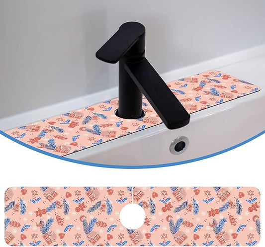 Faucet Mat Splash Guard Christmas Gingerbread Man Feather Bell, Soft Diatom Mud Material, Strong Water Absorption, Non-slip,Easy to Clean for Bathroom, Kitchen 23.5"X5.5"