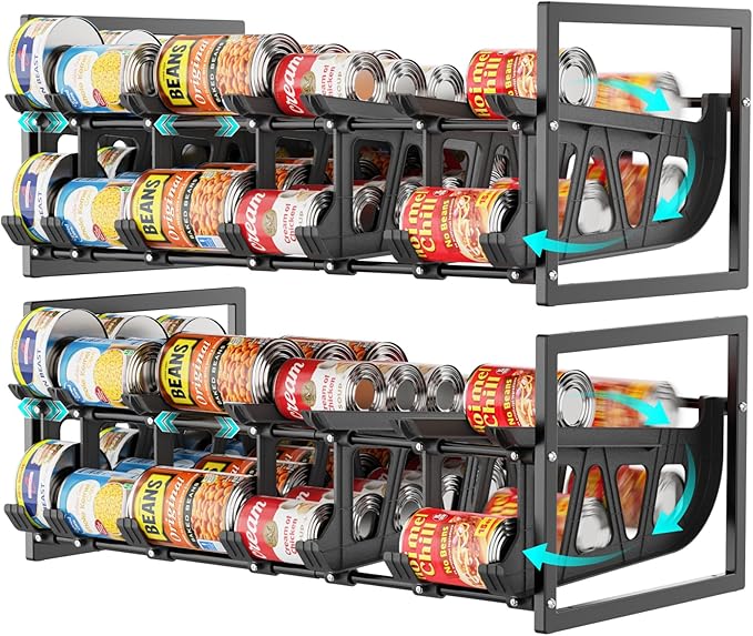 iSPECLE Pantry Can Organizer, 2 Pack Auto Rolling Pantry Organizers for 60 Cans, Stackable & Extendable Canned Goods Organizer for Pantry, Easy Access Can and Fit Most Pantry Shelf Space, Black