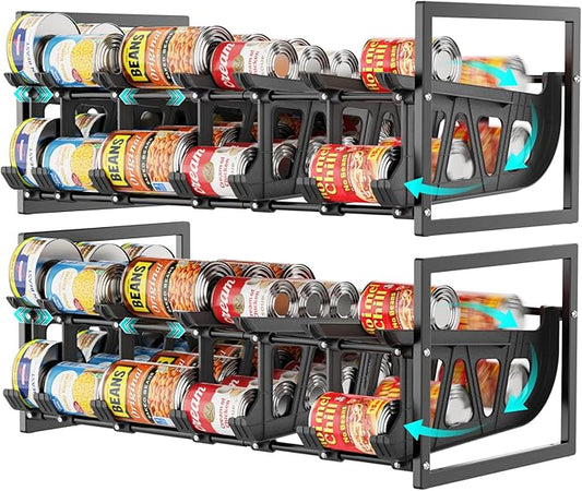 iSPECLE Pantry Can Organizer, 2 Pack Auto Rolling Pantry Organizers for 60 Cans, Stackable & Extendable Canned Goods Organizer for Pantry, Easy Access Can and Fit Most Pantry Shelf Space, Black