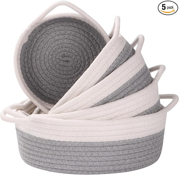Small Storage Woven Baskets Shelves Natural Cotton Rope Bins with Handle Toilet Tank Paper for Countertop Cute Gifts Organizing Mini Nursery 5 Set box (White & Gray)