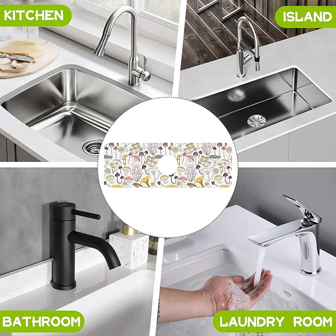 Kitchen Sink Splash Guard Faucet Mat Super Absorbent Fast Drying Mat Guard Behind Faucet Drip Catcher for Kitchen Bathroom (Colorful Mushrooms, 23.5"X5.5")