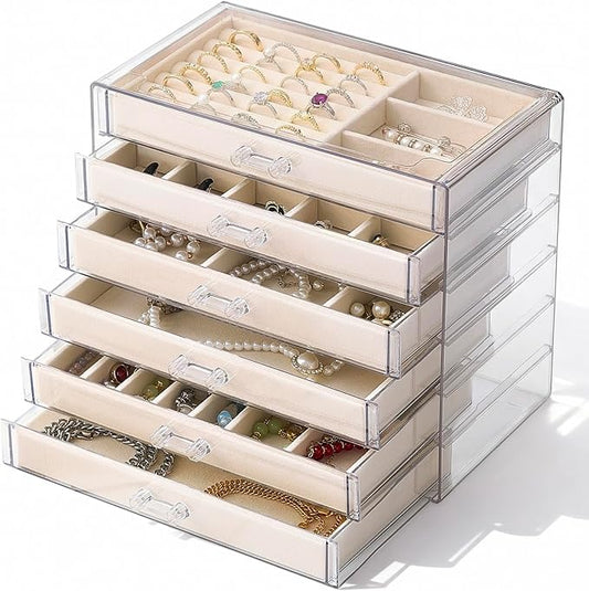 6 Drawer Clear Acrylic Jewelry Organizer with Velvet Lined Trays, Jewelry Box with Drawers for Earrings, Rings, Necklaces, Brooch, Bracelets, Watches, Stackable Storage Organizer for Women, Gift Ready