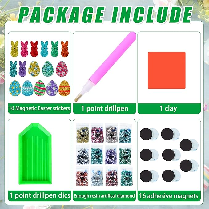 Muximud 16 Pcs Easter Diamond Art Magnets for Refrigerator DIY Eggs Bunny Diamond Painting Magnets Accessories Diamond Art Kits for Adults Easter Crafts Gifts Home Decor