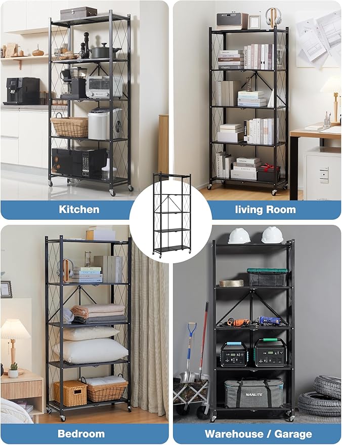ALANNG 70.7" H Metal Storage Shelves, 5 Tier Folding Shelf on Wheels, Heavy Duty, No Assembly, Rolling, Collapsible Rack Unit for Kitchen, Basement, Pantry (Black,2 Pack)