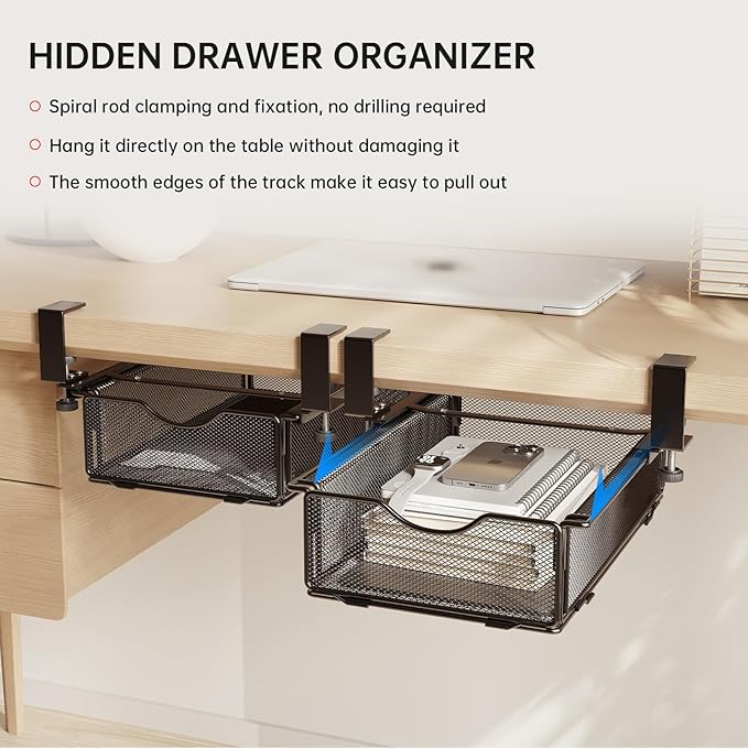 Under-Desk Drawer Slide Out Clamp-On-Desk Shelf for Office Supplies and Books Storage Metal Attachable Table Drawer Fit for Table Thickness 0.47-2.36in (Black, Normal)