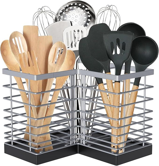 Suli Kitchen Utensil Holder with 3 Compartments，Stainless Steel Corner Caddy for Countertop, Farmhouse Cooking Rustic Storage, Silvery