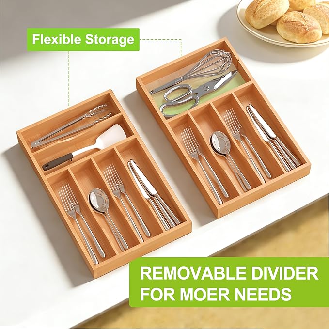 Bamboo Utensil Drawer Organizer with Removable Dividers, Kitchen Organizer for Flatware Cutlery, Silverware Tray for Drawer (6/5 Flexible Slots, Natural)