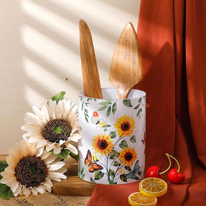 Kitchen Decorations Utensil Holder Acrylic Utensil Crock Spoon Kitchen Organizer for Countertop Coffee Spoon Holder Jar for Cooking Tools(Sunflower)