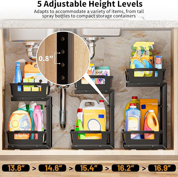 TOFWOF Under Sink Organizer 2 Pack, 2 Tier Adjustable Height Reinforced Carbon Steel Under Kitchen Bathroom Sink Storage Organizer, Smooth Pull-out Under Sink Cabinet Rack Drawer Organizer, Black