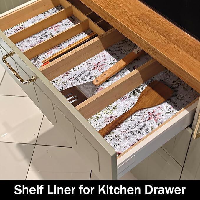 Amiitay Leaf Floral Shelf Liners Non Adhesive and Strong Non-Slip Shelf and Drawer Liners for Kitchen Cabinet Wire Fridge, Waterproof Shelf Drawer Liner,Easy to Clean,12IN x 10FT