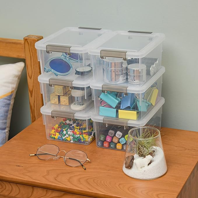 Citylife 1.3 QT 6 Pack Small Storage Bins Plastic Storage Container Stackable Box with Lids for Organizing, Clear White