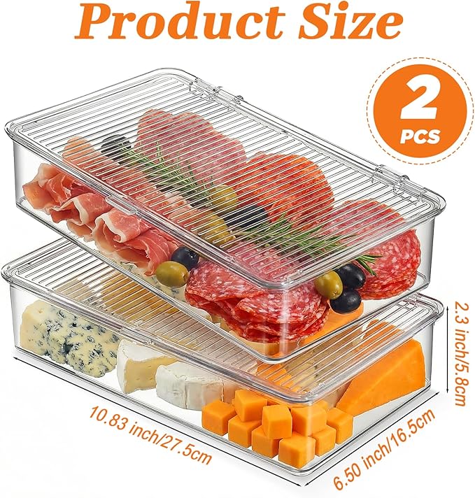 2 Pack Bacon Container For Refrigerator, Clear Plastic Storage Bin with Lid,Refrigerator Fridge Storage Organizer Storage Box for Coffee, Bathroom, kitchen, Snack, Beauty
