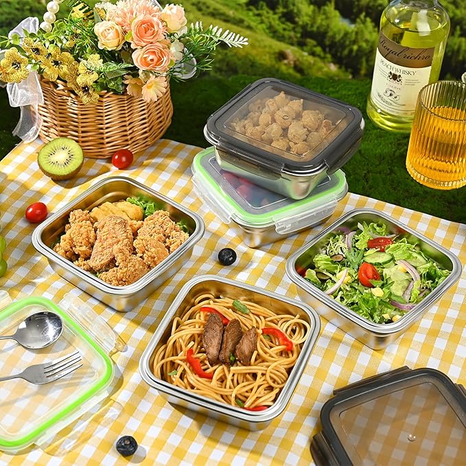 5 Pack Sandwich Containers, 24oz Stainless Steel Sandwich Box with Airtight Lids, Reusable Metal Meal Prep Lunch Boxes, BPA-Free, Dishwasher Safe, Food Storage Containers for Families (Black)