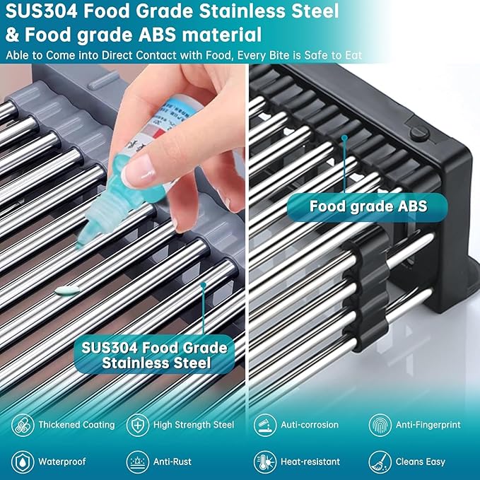 Expandable Dish Drying Rack Over The Sink, Stainless Steel Drainer Basket with Adjustable Arms for Dishes, Vegetable and Fruit (Black)