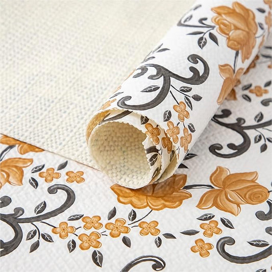 FIFTY FEET 18X96 Inch Shelf Liner for Kitchen Cabinets, PVC Drawer Liner for Dresser Non-Slip Bathroom, Non-Adhesive Cabinet Liner Washable (Yellow Floral)(1 Roll)