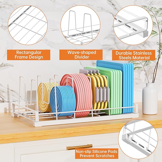 Food Container Lid Organizer for Cabinet,with 6 Adjustable Dividers Detachable,Metal Pot Lid Organizer Rack Storage Plastic Lids Pots Bakeware for Cabinets, Cupboards,Pantry, Drawers (White)